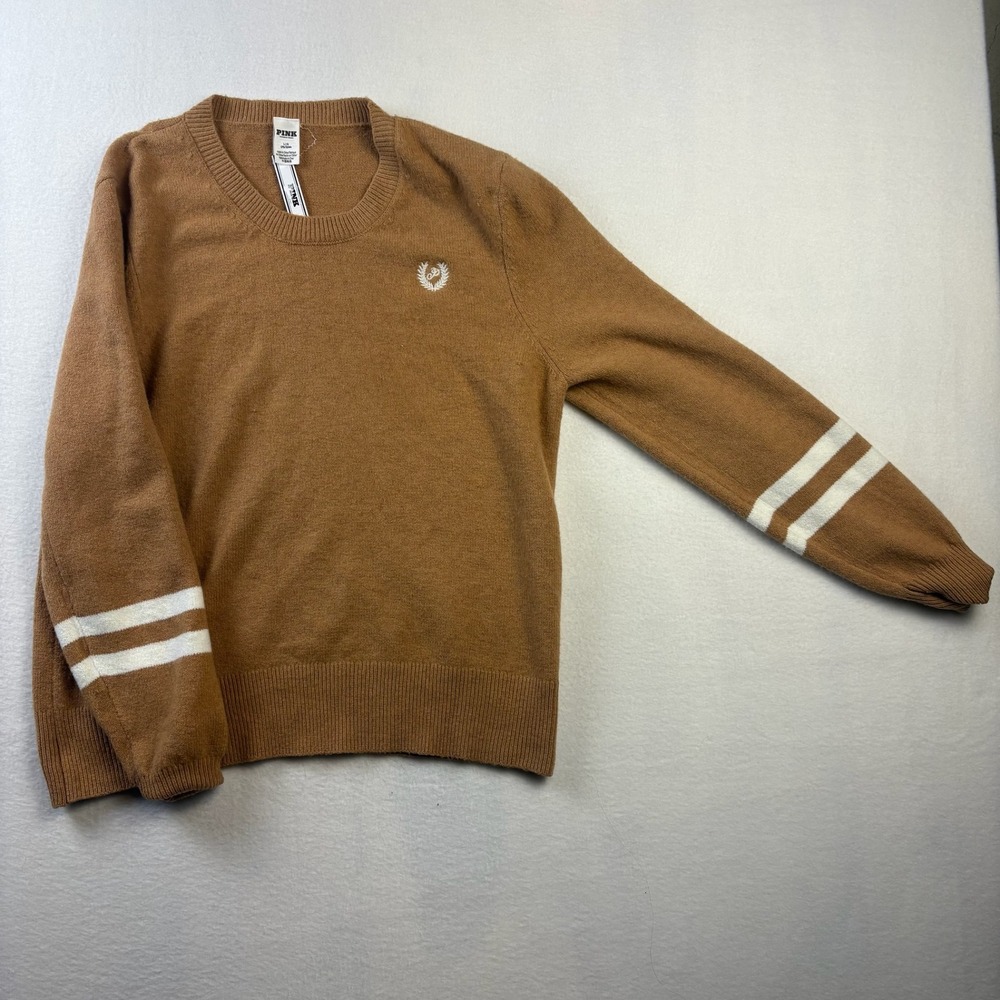 PINK Victoria's Secret Sweater L Brown Varsity Stripe Preppy Crewneck Pullover